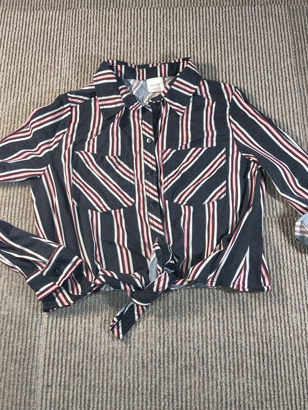 Passport Women's Black Colored Striped Tie Waist Button Up Blouse Size M